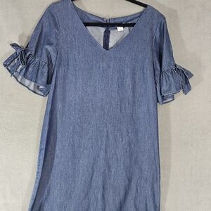 J Crew Preppy Womens Medium Denim Midi Dress Blue Ruffle Half Sleeve Vneck